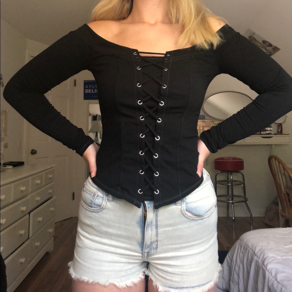 Express Black Lace-Up Long Sleeve Top